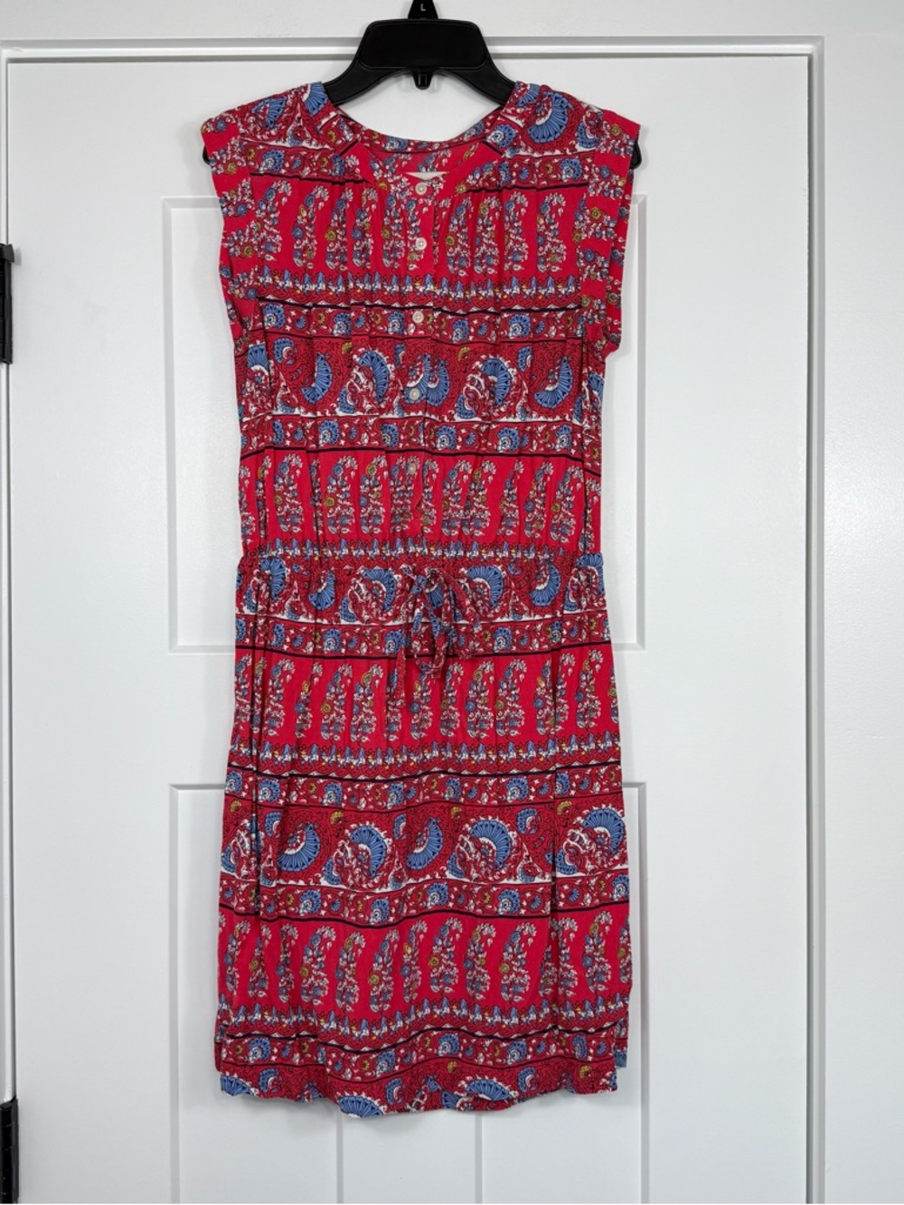 Loft Sleeveless Button Front Drawstring Waist Red Blue White Floral Dress SZ XS